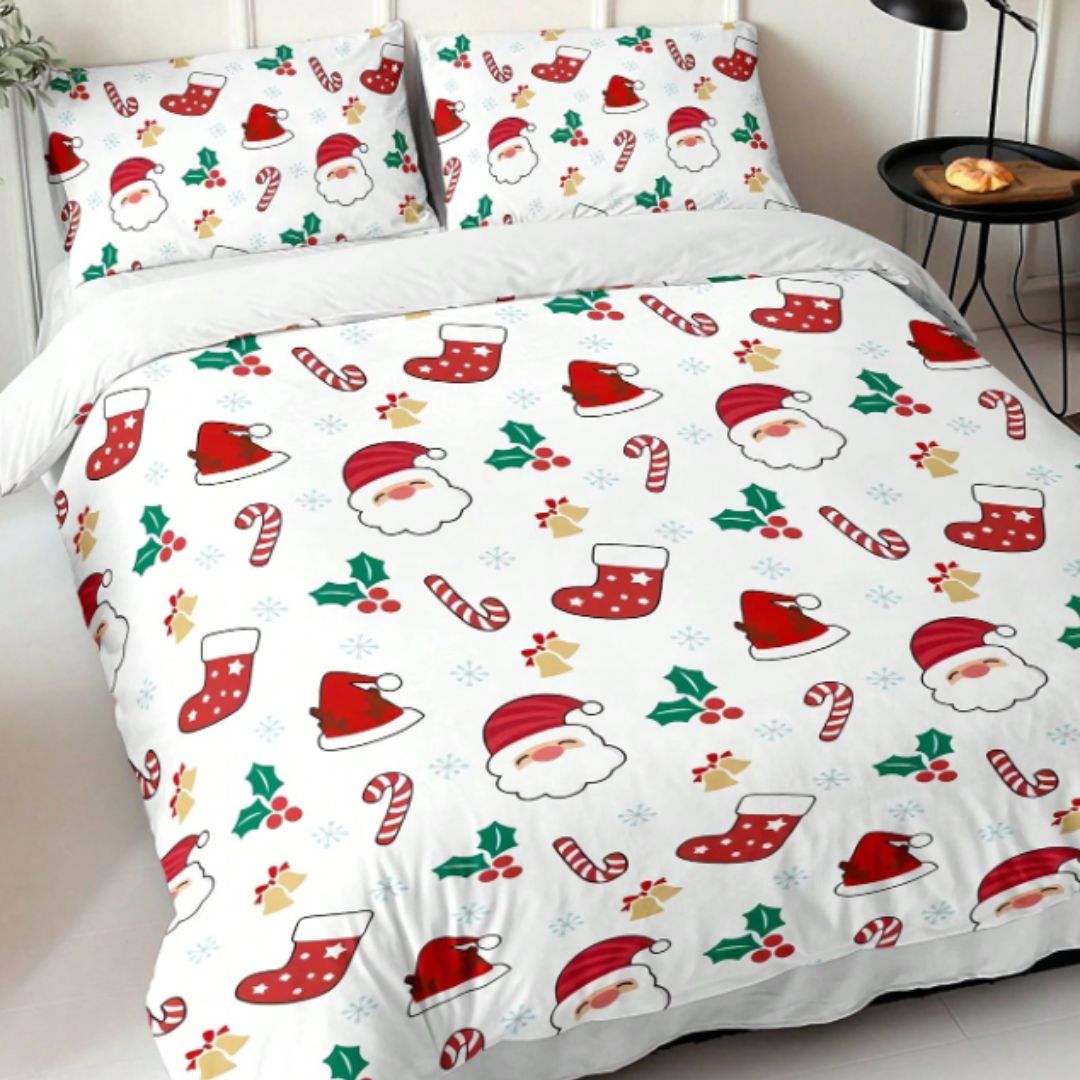 🎅🏻🎄 Juego de Cama Navideño Premium de 4 Piezas 🛏️– Edición Santa Festiva 🎄🎅🏻
