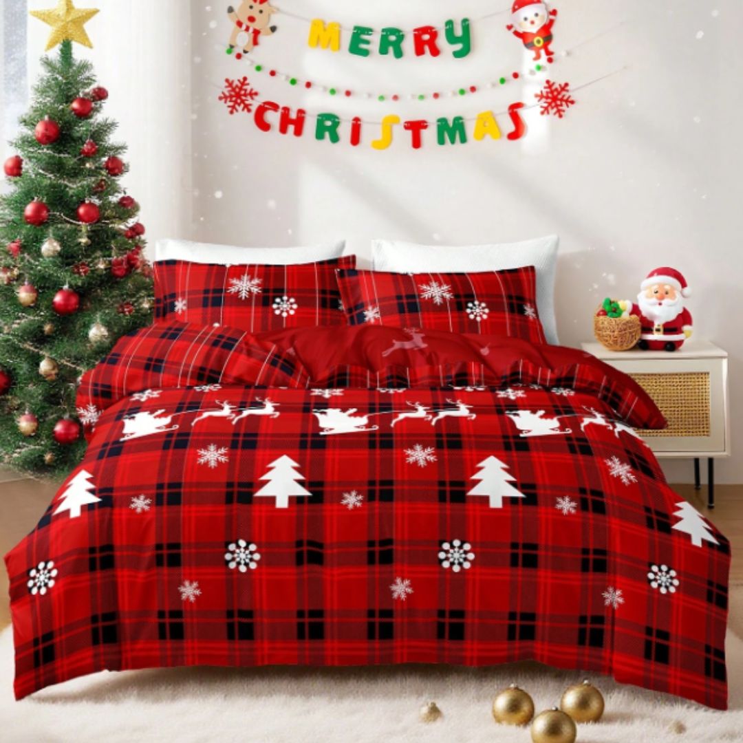 🎅🏻🎄 Juego de Cama Navideño Premium de 4 Piezas 🛏️– Edición Santa Festiva 🎄🎅🏻