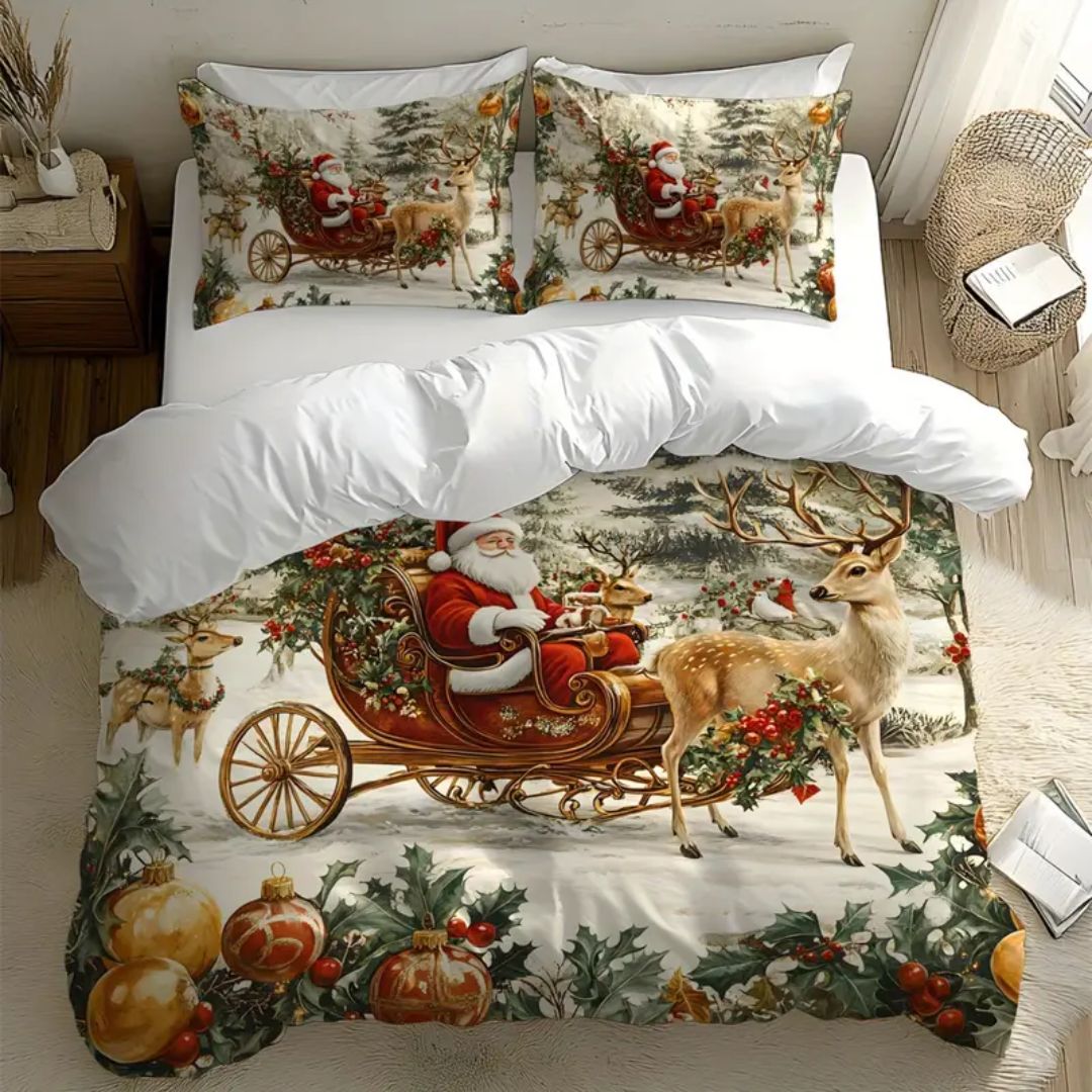 🎅🏻🎄 Juego de Cama Navideño Premium de 4 Piezas 🛏️– Edición Santa Festiva 🎄🎅🏻
