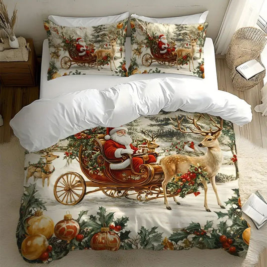 🎅🏻🎄 Juego de Cama Navideño Premium de 4 Piezas 🛏️– Edición Santa Festiva 🎄🎅🏻