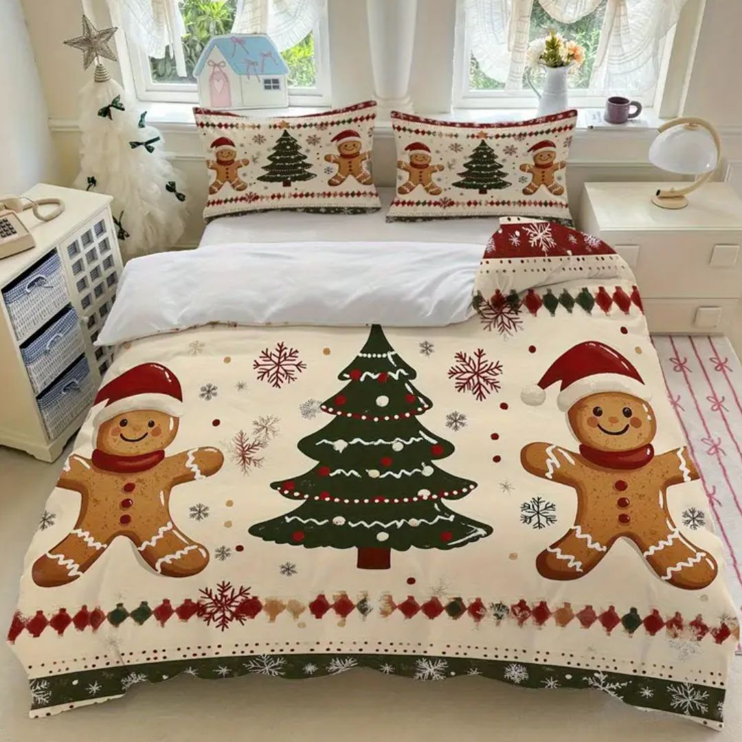 🎅🏻🎄 Juego de Cama Navideño Premium de 4 Piezas 🛏️– Edición Santa Festiva 🎄🎅🏻
