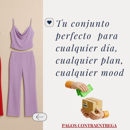 🌸 Set Elegante 2 Piezas – Top Halter Deluxe + Pantalón Largo 🤍