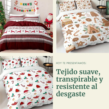 🎅🏻🎄 Juego de Cama Navideño Premium de 4 Piezas 🛏️– Edición Santa Festiva 🎄🎅🏻