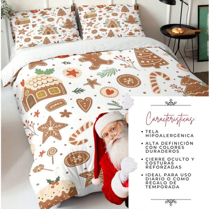 🎅🏻🎄 Juego de Cama Navideño Premium de 4 Piezas 🛏️– Edición Santa Festiva 🎄🎅🏻
